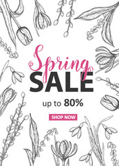 Spring Sale/Up to 80% Card with hand drawn flowers-lilies of the valley, tulip, snowdrop, crocus. Hand made lettering- 