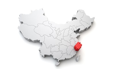 Map of China showing Zhejiang regional area. 3D Rendering