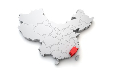 Map of China showing Fujian regional area. 3D Rendering