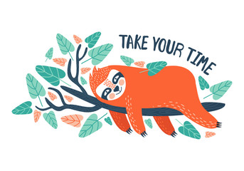 Cute cartoon lazy sloth with lettering vector graphic design. Adorable hand drawn baby sloth character hanging on the tree. Illustration for t-shirt design, poster, greeting, birthday card, sticker.