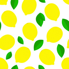 Yellow lemons background. Pattern with lemon and leaves. Sour fruit. Vector illustration on a white background.