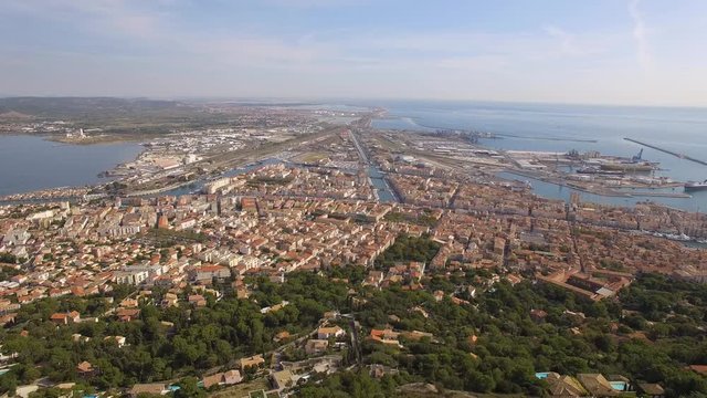 Aerial view of the Sete from the Mont Saint Clair. On the right side the mediterranean se and on the left, the Thau's pond.