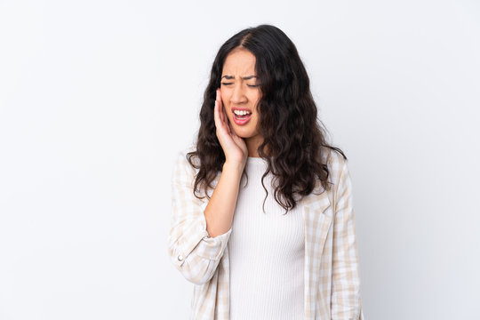 Mixed race woman over isolated white background with toothache
