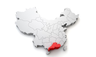 Map of China showing Guangdong regional area. 3D Rendering