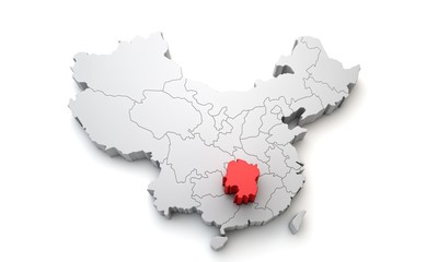 Map of China showing Hunan regional area. 3D Rendering