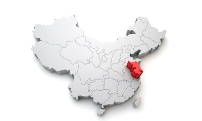 Naklejka premium Map of China showing Jiangsu regional area. 3D Rendering