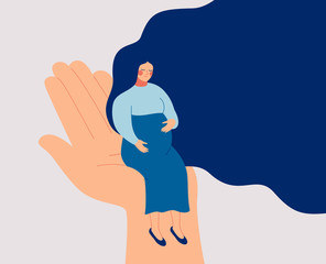 A sad pregnant woman needs prenatal care and support. A young woman expecting a child is depressed. Psychological and medical vector illustration