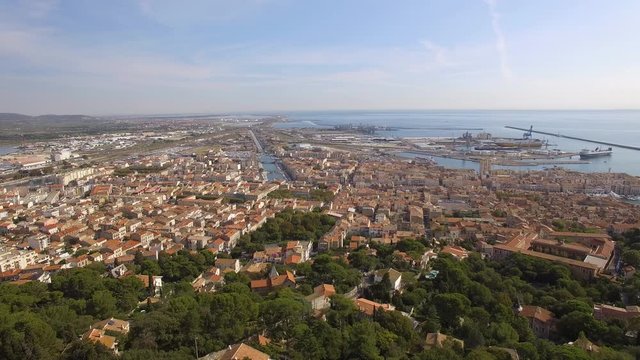aerial view of the Sete from the Mont Saint Clair. On the right side the mediterranean se and on the left, the Thau's pond.