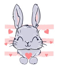 Bunny Vector stock illustration. Cute rabbit and heart. Childish print design for nursery, t-shirt, textile, background. Vector illustration. Hand drawn cute cartoon character.