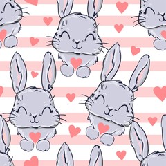 Hand Drawn Cute Bunny and Heart Pattern, print design rabbit background, children print textile design. Vector