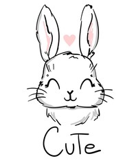 Bunny Vector stock illustration. Cute rabbit and heart. Childish print design for nursery, t-shirt, textile, background. Vector illustration. Hand drawn cute cartoon character.
