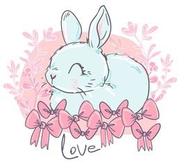 Bunny Vector stock illustration. Cute rabbit and bow. Childish print design for nursery, t-shirt, textile, background.