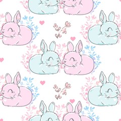 Hand Drawn Cute Bunny and Heart, flowers Pattern, print design rabbit background, children print textile design. Vector