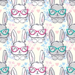 Bunny with glasses pattern seamless. Vector illustration. Textile for children.