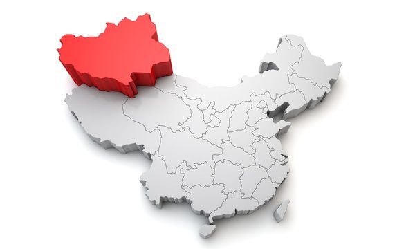 Map of China showing Xinjiang regional area. 3D Rendering