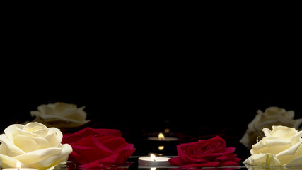 Candles and roses swim on the water