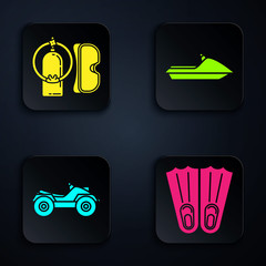 Set Rubber flippers for swimming, Diving mask and aqualung, All Terrain Vehicle or ATV motorcycle and Jet ski. Black square button. Vector