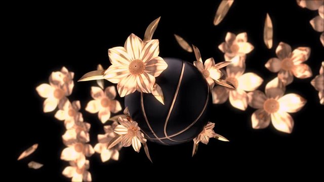 Abstract background of a matte black basketball with golden flowers