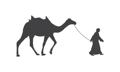 Silhouette of camel with saddle and drover.