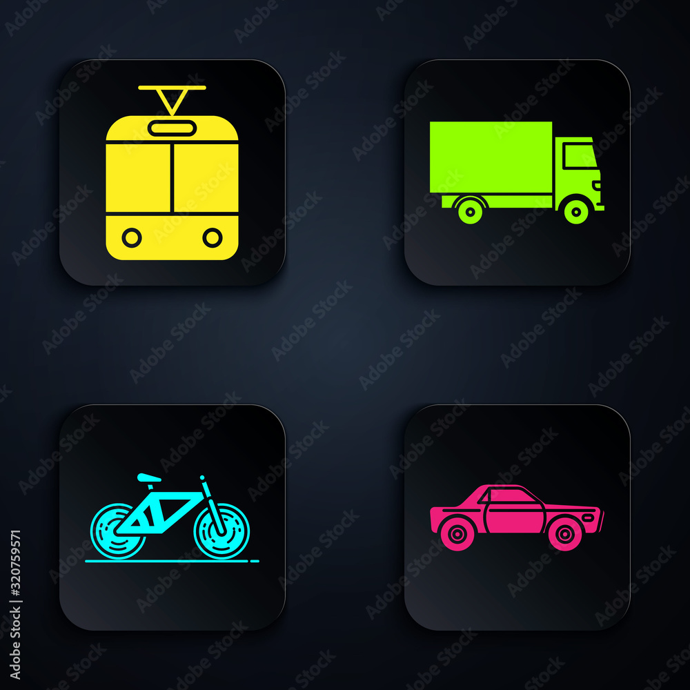 Sticker Set Sedan car, Tram and railway, Bicycle and Delivery cargo truck vehicle. Black square button. Vector