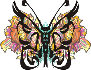  Decorative butterfly wings with colorful floral splashes. The outline of the abstract butterfly against the background of tropical flowers for prints, posters, tattoos, etc.