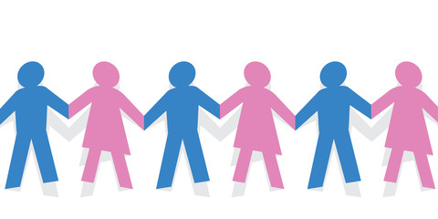 Concept de la solidarité entre les hommes et les femmes, avec une chaine humaine mixte en papier découpé, montrant des personnages qui se tiennent la main pour affirmer leur unité.