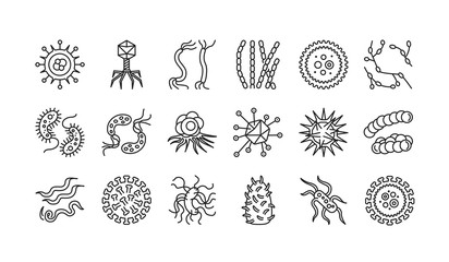 Viruses black line icons set. Respiratory infections. Bacteria, microorganisms signs. Microscopic germ cause diseases concept. Pictograms for web, mobile app. UI UX design element. Editable stroke.