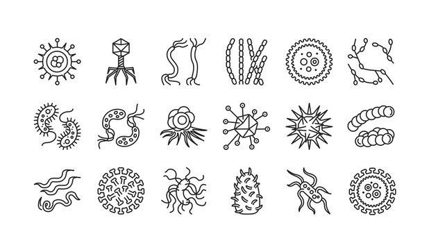 Viruses black line icons set. Respiratory infections. Bacteria, microorganisms signs. Microscopic germ cause diseases concept. Pictograms for web, mobile app. UI UX design element. Editable stroke.