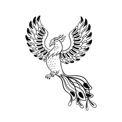 Magical creatures set. Mythological bird - phoenix. Doodle style black and white vector illustration isolated on white background. Tattoo design or coloring page, Line Art.