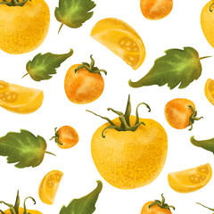 Seamless summer illustration with yellow tomatoes. Agriculture and gardening, growing vegetables. Good for menu decoration, print banners, posters, wallpaper, fabrics.