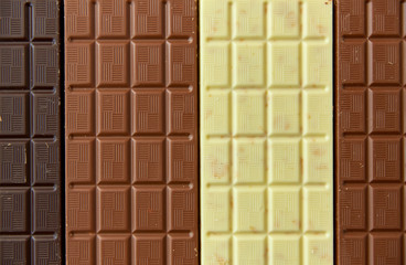 sweets, confectionery and food concept - milk, dark and white chocolate bar texture background