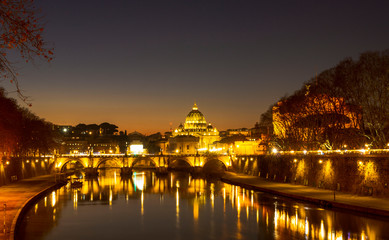 Night view of the Basilica St Peter Cathedral in Rome, Italy. Wonderful view of St. Peter's Cathedral at sun set.