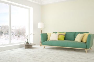 Stylish room in white color with sofa and winter landscape in window. Scandinavian interior design. 3D illustration