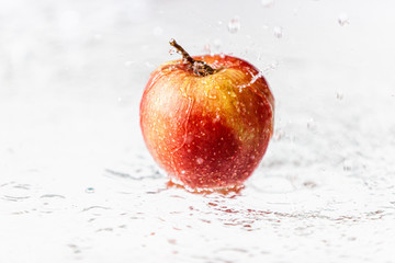 Jabłko w deszczu, polewane wodą. Widzoczne krople © andsko
