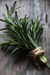 closeup of a fresh green rosemary leaves on wooden background