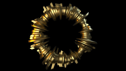 3d render abstract torus with a wavy gold surface on black background.