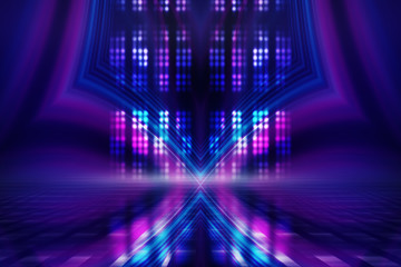 Abstract dark background with blue and pink neon glow. Neon light lines. Show empty stage background