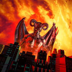 Red devil dawn / 3D illustration of scary futuristic science fiction skull faced demon robot rising above city © grandeduc