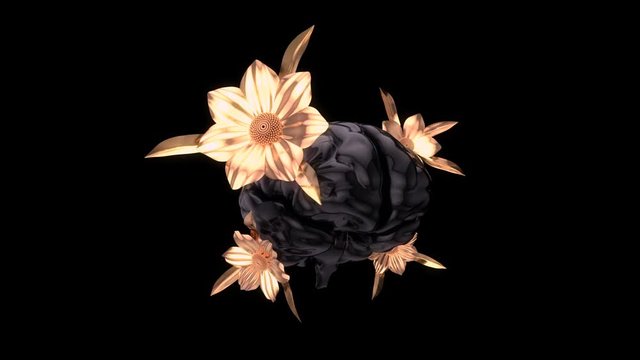 Abstract background of a matte black brain with golden flowers