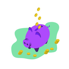 Pink piggy bank with falling coins. Isometric colored illustration of money box