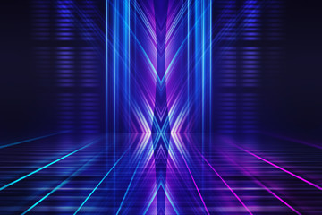 Abstract dark background with blue and pink neon glow. Neon light lines. Show empty stage background