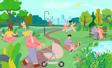 People in city park, active lifestyle, outdoor leisure vector illustration. Happy men and women in summer park, walking and jogging. Mother with stroller, elderly couple on bench, yoga and sport