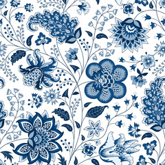 Chintz nahtloses Muster. Blauer Blumenhintergrund. Indischer Stoff mit blauen Blumen