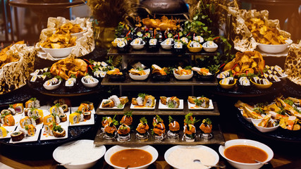 Culinary event. Food background, close-up. Catering buffet food in hotel restaurant. Fresh, celebration.
