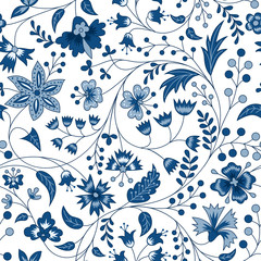 Chintz seamless pattern. Blue floral background. Indian Fabric with blue flowers - 320764375