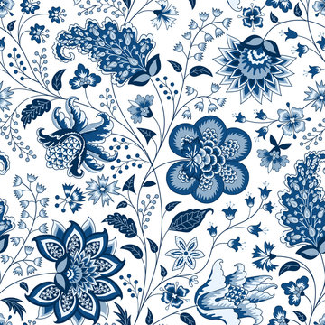 Chintz seamless pattern. Blue floral background. Indian Fabric with blue flowers