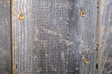 Background design. Wooden fence made of old boards with the inclusion of knots, resin and remnants of bark.