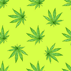 Watercolor seamless pattern with green hemp leaf on light background. Hand painted illustration. Botanical print for fabric and wrapping paper.