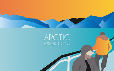 A group of people sail on a ship in the cold North Sea. Icebergs and sunset on the horizon. Saturated orange and turquoise colors. Vector illustration on the theme of travel.  Arctic Expedition.