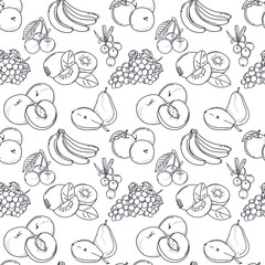 Fototapeta premium Vector seamless pattern with doodle fruits; hand drawing fruits and berries for fabric, wallpaper, wrapping paper, textile, package, web design.